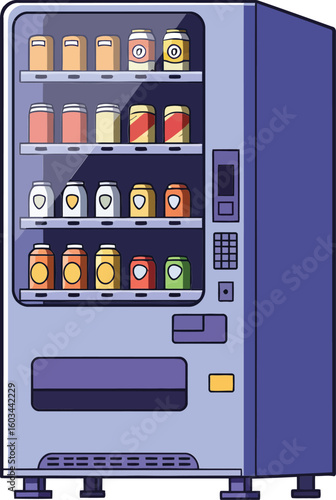 Beverage vending machine with assorted drinks and snacks in blue color vector illustration 