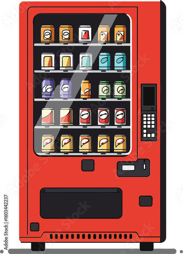 Red vending machine with various snacks and drinks in a flat vector style illustration 
