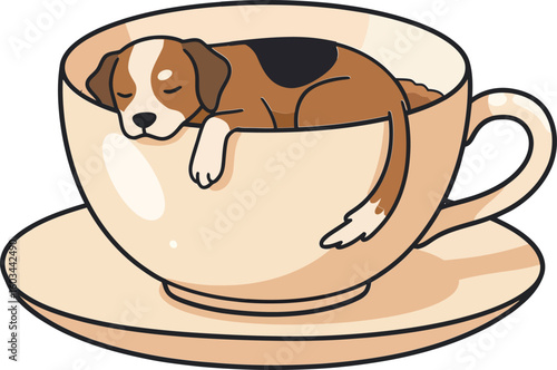 Sleeping brown and black dog curled inside a beige teacup with saucer vector illustration 