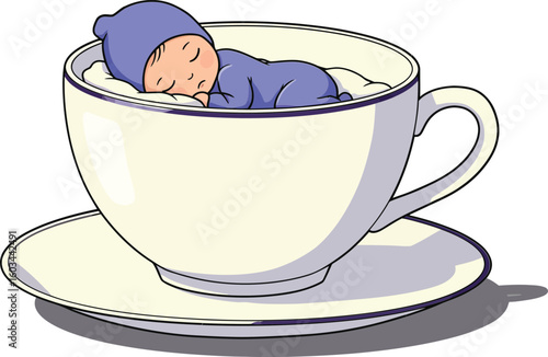 Baby Sleeping Inside White Teacup with Saucer Illustration in Blue Pajamas and Hat 