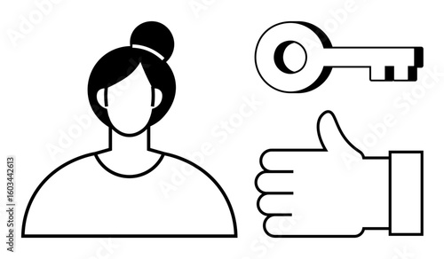 Female avatar, vintage key, and thumbs-up symbol. Ideal for security, approval, access, user profiles, recommendations, permissions simple landing page