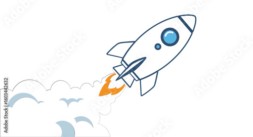 Rocket launching vector illustration with blue details and orange flame trail in a minimal style 
