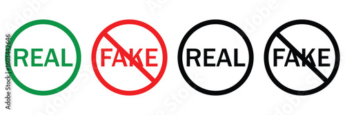 Real and Fake Rubber Stamp Icon Set – Grunge Style Truth and Lie Concept Badges
