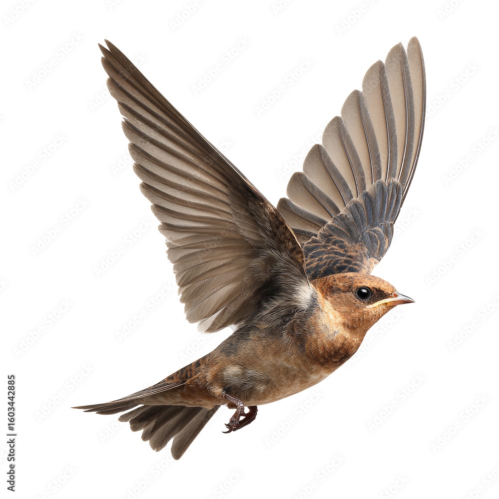 Obraz premium A small bird in flight, wings outstretched. Brownish-gray plumage. Sharp focus