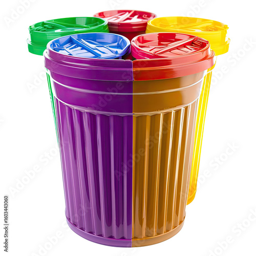 Four colorful waste bins arranged in a cluster, each a different hue