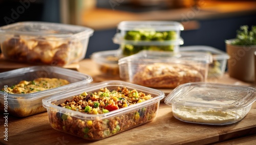 Assorted prepared meals in clear containers offer convenience and healthy eating options for a busy lifestyle on a rustic wooden .