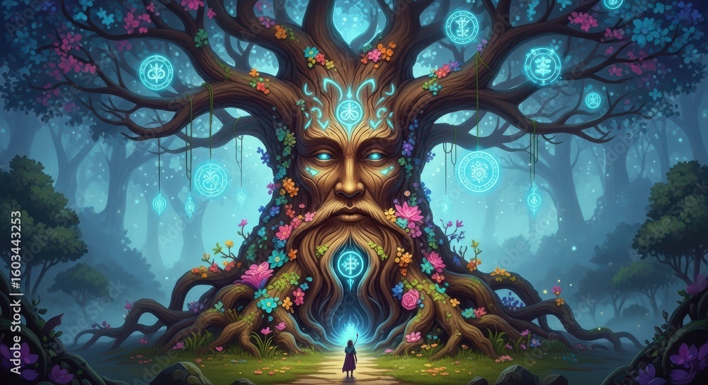 Fototapeta premium Enchanted forest tree with human face and glowing symbols nature fantasy