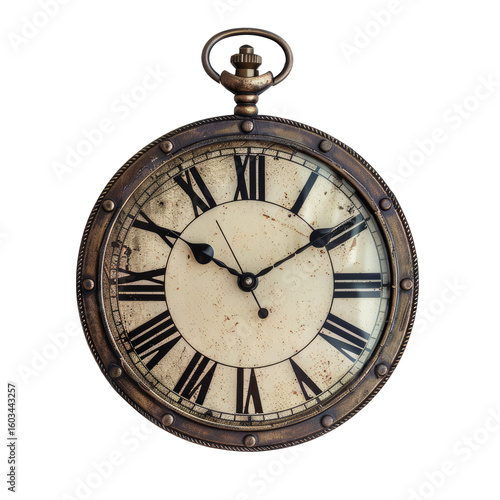 Antique pocket watch style wall clock.  A round, bronze-toned clock with aged, distressed surface, showcasing Roman numerals.  The clock face is light cream, with subtle signs of wear