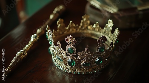 Ornate Gold Crown Adorned With Green Gems And Scepter