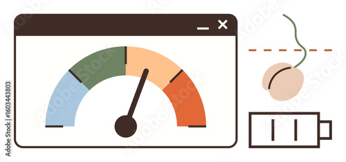 Colorful performance meter within a browser window, computer mouse with cord, and battery icon. Ideal for productivity, speed, technology, efficiency, performance analysis design. Simple flat