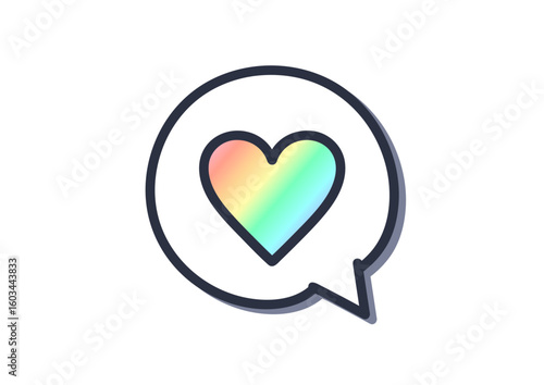 クールグレイ色の筆で描いた、吹き出しアイコン「虹色のハート」, A speech bubble icon "rainbow heart" drawn with a cool gray brush.