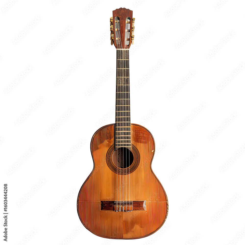 Fototapeta premium Wooden acoustic guitar, front view, aged