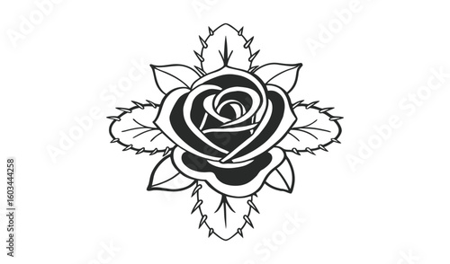 Classic black and white tattoo style rose with spiky leaves and thorns on a white background