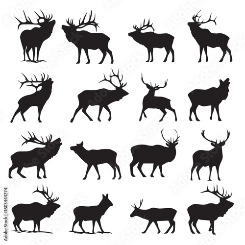 vector illustration of bugling elk silhouette set, Black & White silhouette set