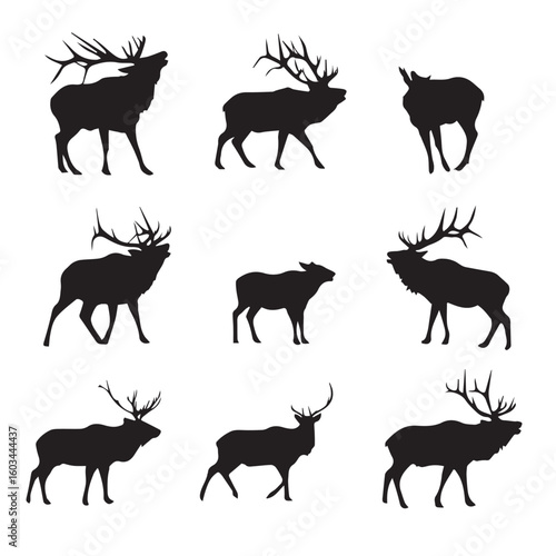 vector illustration of bugling elk silhouette set, Black & White silhouette set