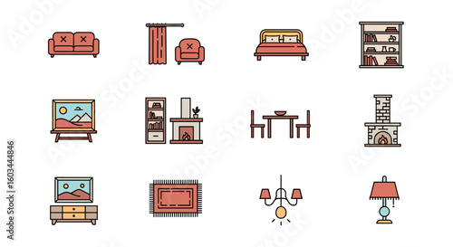 Illustration of various home furniture items including a sofa bed bookcase fireplace and dining table set up