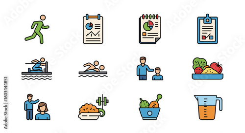 Collection of health and fitness icons including running swimming healthy eating and coaching symbols set up nicely