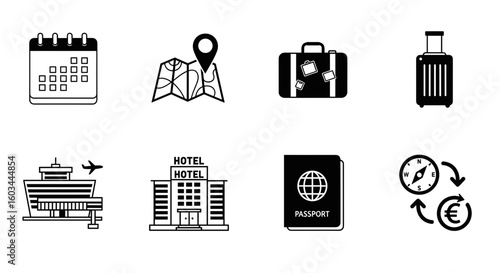 Collection of eight travel icons including calendar map suitcases airport hotel passport and currency exchange