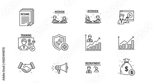 A collection of human resources related icons including resumes interviews training and recruitment processes