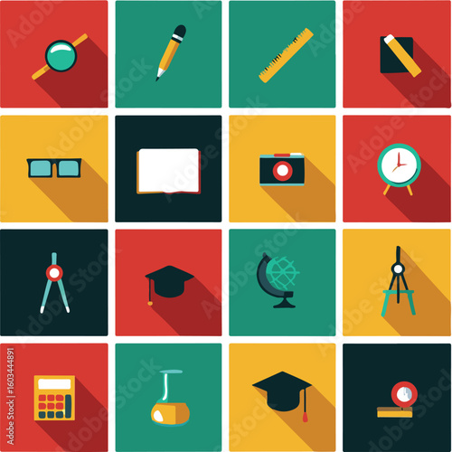 Flat Design Education Icons Array Educational Tools and Symbols on Colorful Backgrounds Representing Learning and Academia