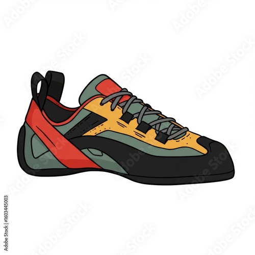 Illustration of Climbing Shoe with Red Orange and Green Accents