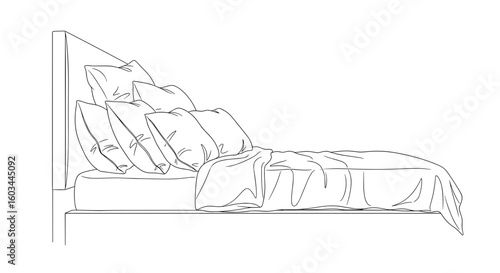 Illustration of a bed with a headboard and several pillows and a blanket draped over the bedspread