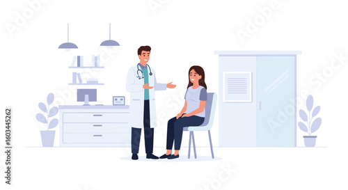 Doctor in white coat with stethoscope consulting with a seated female patient in a medical office setting