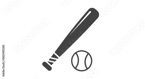 Illustration of a baseball bat with taped handle leaning next to a baseball on a white background surface