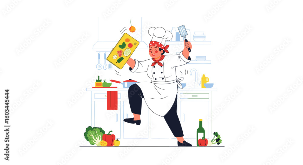 Fototapeta premium Chef in kitchen juggling cutting board and spatula with vegetables and cooking utensils around him