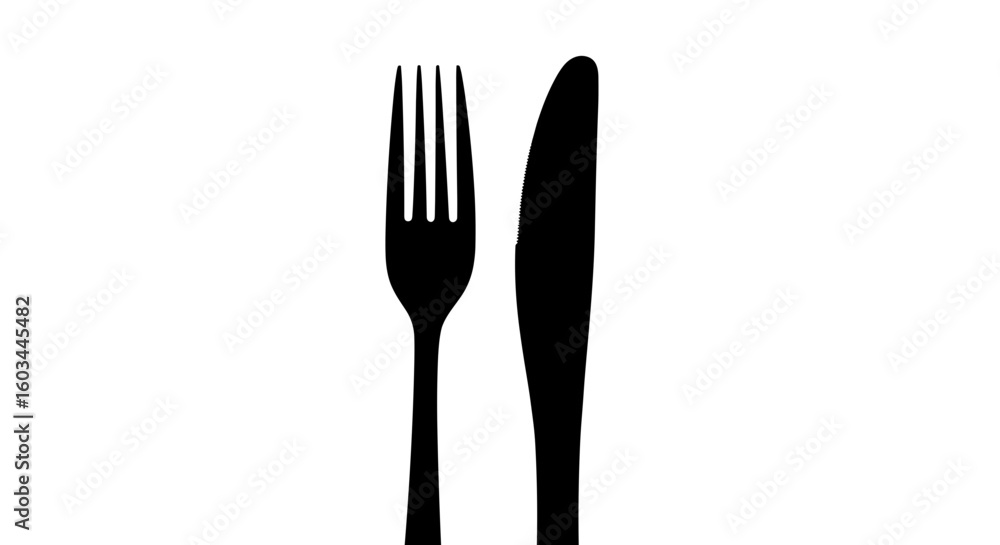 Silhouette of a fork with four tines and a knife with a rounded tip on a white background image view Silhouette of a fork with four tines and a knife with a rounded tip on a white background image view