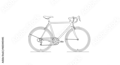 Detailed line drawing of a bicycle with visible chain and spokes on a white background in vector format