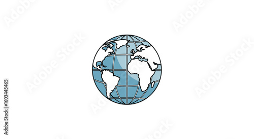 Illustration of an oval shaped world globe with visible continents and grid lines on a white background