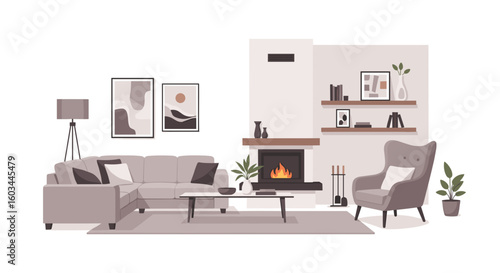 Illustration of a cozy living room interior with a fireplace, sofa, chair, and decorative elements