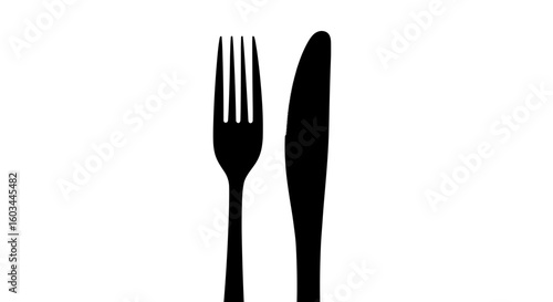 Silhouette of a fork with four tines and a knife with a rounded tip on a white background image view