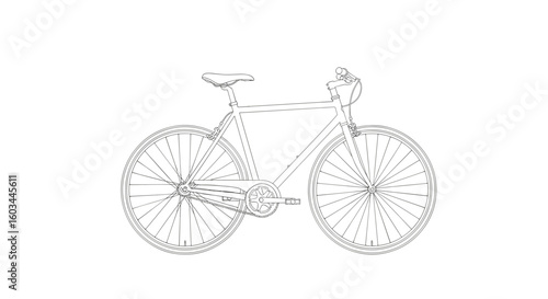 Detailed line drawing of a bicycle featuring the frame wheels pedals and handlebars on a white background