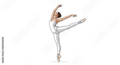 A ballerina in a white leotard and pointe shoes is performing an arabesque with grace and precision on stage