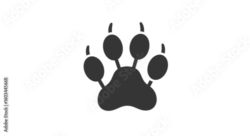 Illustration of a single dark gray paw print with four toes and claws on a white background view from above