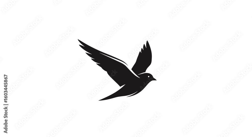 Obraz premium Silhouette illustration of a bird in flight with its wings spread against a white plain background view