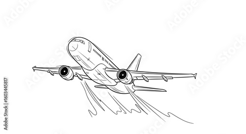 Illustration of a commercial airplane taking off with visible engine trails against a white background