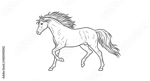 Illustration of a horse with flowing mane and tail in black outline on a white background showing movement