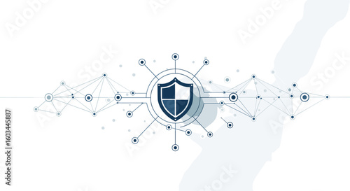 A digital shield surrounded by interconnected nodes on a network representing cybersecurity measures and data protection