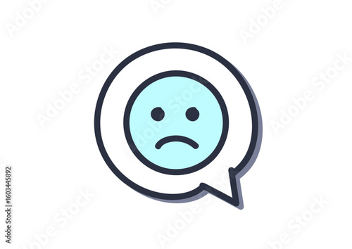 クールグレイ色の筆で描いた、吹き出しアイコン「人の顔（悲しい、不安、心配）」, A speech bubble icon "Human face (sad, anxious, worried)" drawn with a cool gray brush