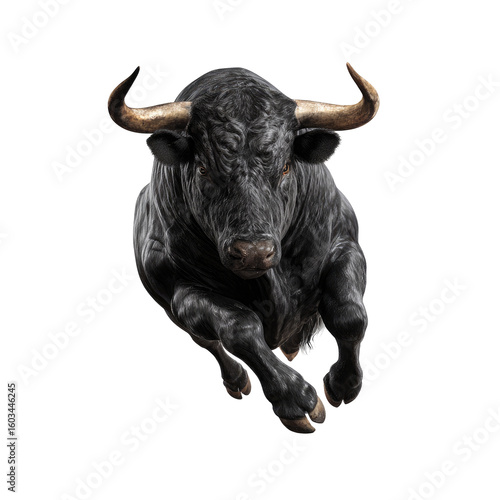 Black bull in a dynamic, charging pose