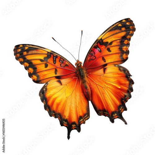 Vibrant orange butterfly, wings outstretched, against a black background.  Detailed wing patterns and intricate veins are visible.  The butterfly is in sharp focus, capturing its delicate beauty