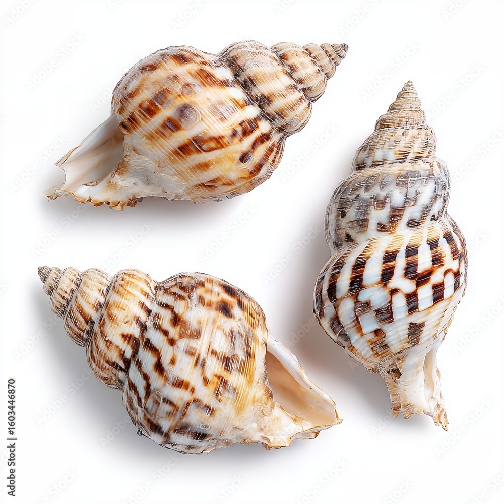 A collection of unique seashells, each with distinct patterns, presented in a top-down view. The seashells have a range of brown and cream hues and intricate textures A collection of unique seashells, each with distinct patterns, presented in a top-down view. The seashells have a range of brown and cream hues and intricate textures