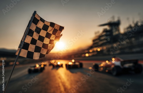 Checkered flag waves triumphantly as racing cars speed towards the finish line during a golden sunset symbolizing victory and intense competition.