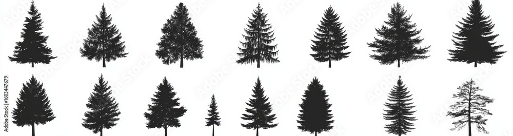 Fototapeta premium Silhouettes of pine trees, evergreen forest firs, and spruces appear as black shapes in a modern illustration of wild nature trees templates, all set on a white background