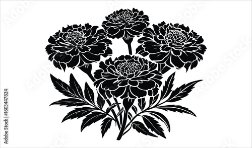 Black and white stylized floral arrangement of dahlia flowers