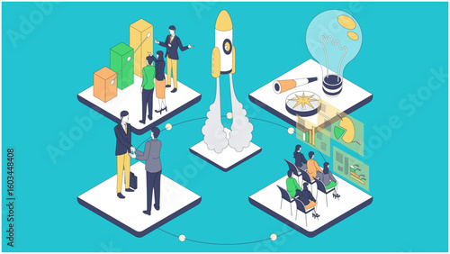 ロケット発射でビジネス加速！成長を描くアイソメ図