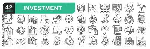 Set Of Investment Line Icons. Contains such icons as Business Strategy, Stock Market, Loan, Wealth, Financial Advisor, Currency Exchange, Financial Strategy, Savings, Credit Score, Capital, Banking.